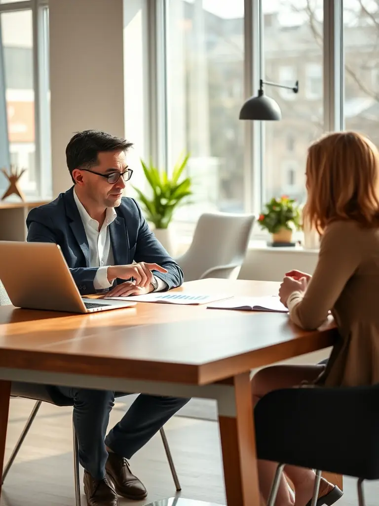 A professional coach guiding a business owner through a strategic planning session, focusing on growth opportunities in the UK market.