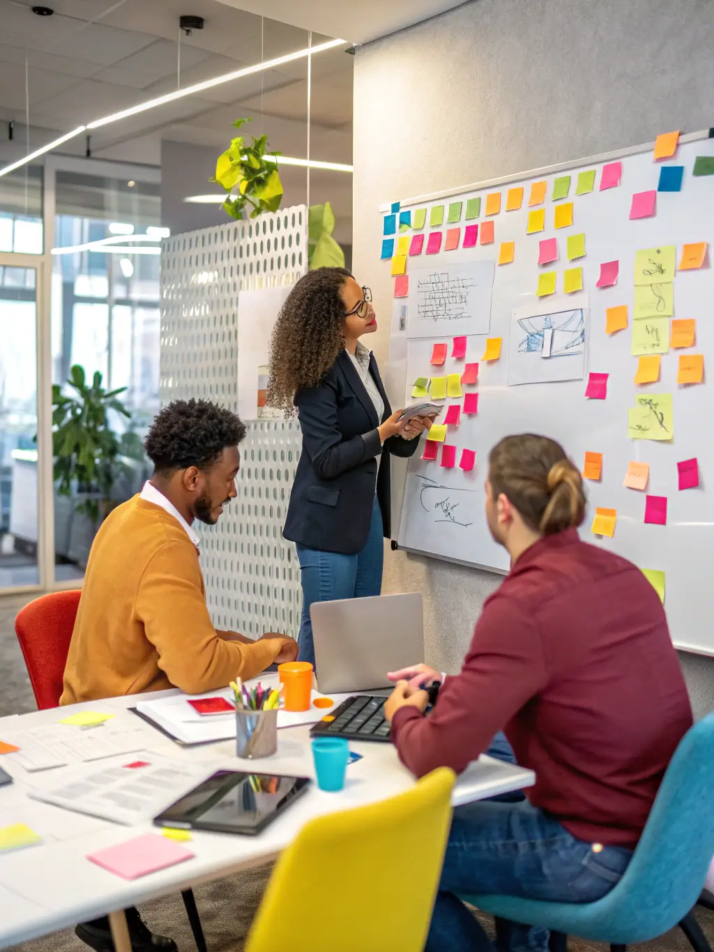 A team of professionals collaborating in a modern office, brainstorming innovative solutions for business challenges in the UK.